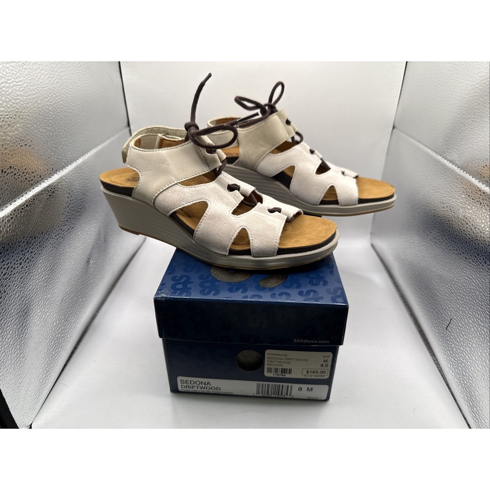 SAS Sedona Lace Up Comfort Wedge Sandal 8M Driftwood $185 Shoe Cream